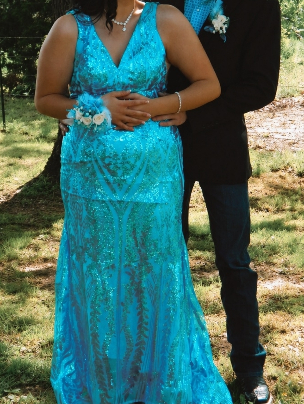 Sequined Turquoise Evening Gown